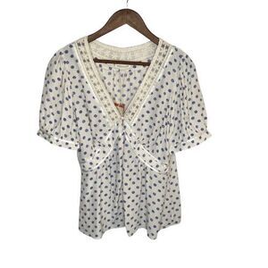 Monsoon Womens Polka Dot Baby Doll Top Size 10 Ivory Blue Coquette Cottagecore